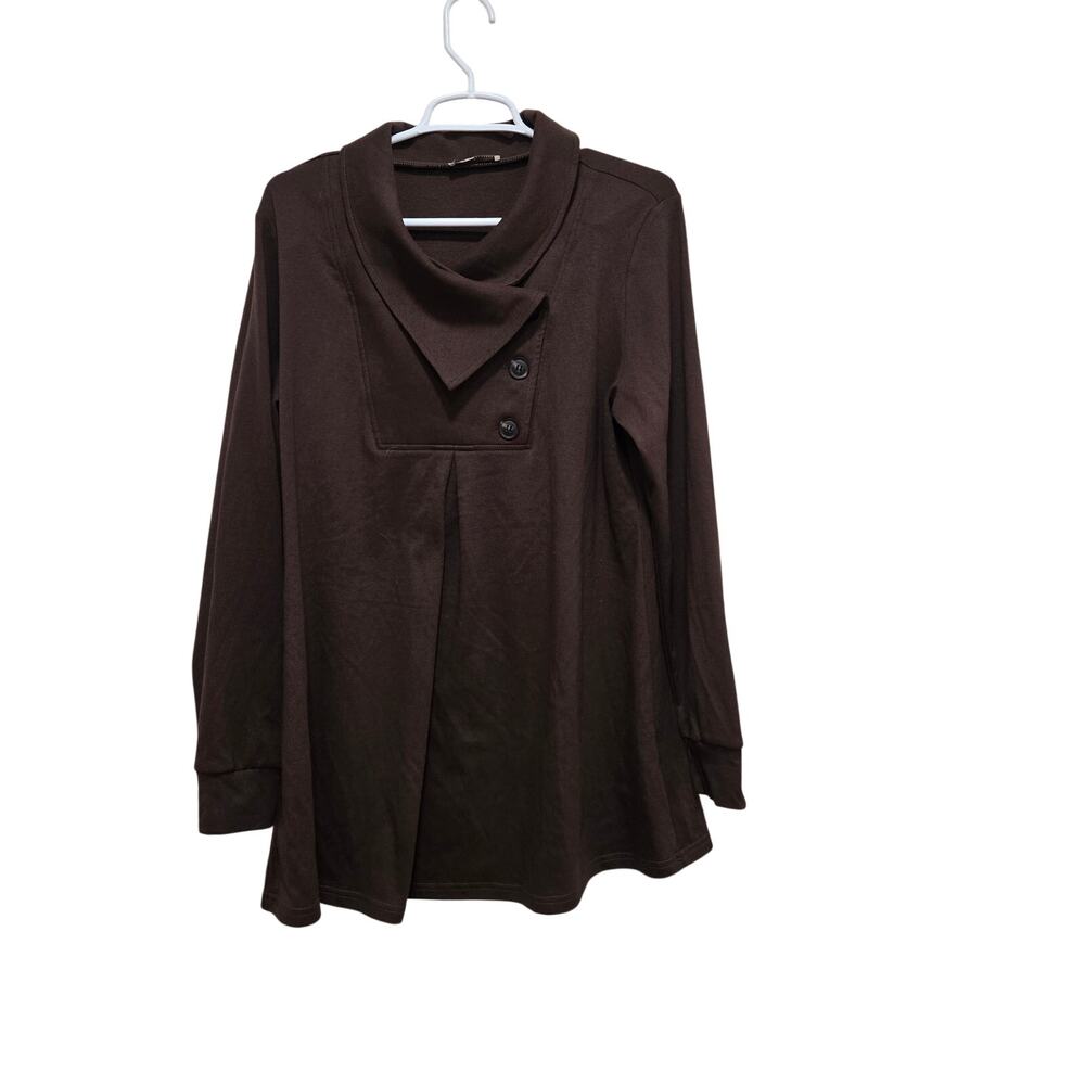 Timeson Brown Cowl Neck Tunic Top XL Asymmetrical Button Stretch